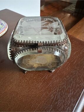 Vintage French Ormolu Jewelry Box: Etched Beveled Glass, Floral Design